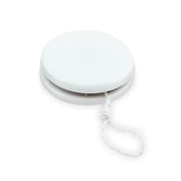 A white yoyo with a string attached, featuring a simple circular design and a logo on the surface.