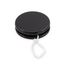 A black yo-yo with a white string attached, featuring a smooth, circular design and a simple, minimalist look.