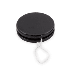 A black yoyo with a string attached, featuring a smooth, round surface and a classic design.