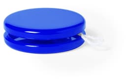 A blue yo-yo with a glossy finish and a white string. It has a round, two-part design and features a branding logo.