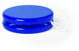 A blue yoyo with a smooth, glossy finish and a string attached. It features a logo on its surface.
