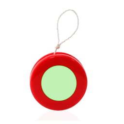 A red yoyo with a green centre and a white string for easy handling. Features branding on the surface.
