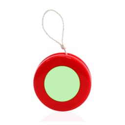 A red yo-yo with a green circular design in the centre. It features a string attachment for easy play.