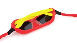 Multipurpose glasses strap in red and yellow, featuring a logo, designed for sunglasses and outdoor use.