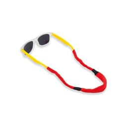 A sunglasses strap in red and yellow, designed for multipurpose use, featuring a logo.