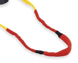 A red and yellow multipurpose glasses strap with rubber grips, designed to secure sunglasses.