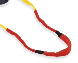 A multipurpose glasses strap featuring red and yellow colours, designed for leisure and outdoor use.