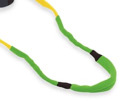 A green and yellow multipurpose glasses strap with a textured surface, featuring sections for comfort and grip.