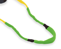 A green and yellow glasses strap designed for sunglasses, featuring a branded logo.