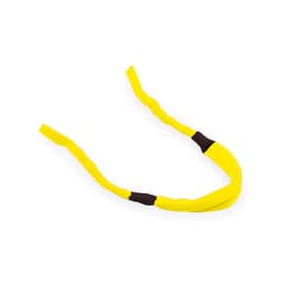 A yellow and black multipurpose glasses strap with a flexible design, featuring a branding logo.