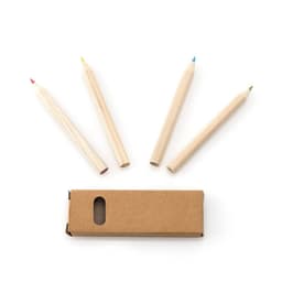 A set of wooden coloured pencils in red, blue, green, and yellow, placed near a cardboard packaging box.
