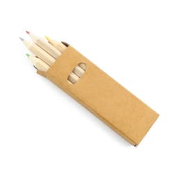 A set of coloured pencils in a brown cardboard case, featuring red, green, blue, and yellow tips.