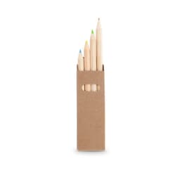 A set of coloured pencils in a cardboard holder, featuring blue, yellow, and other coloured tips.