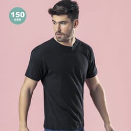 A black premium adult colour T-shirt with a round neckline, featuring a logo and set against a pink background.