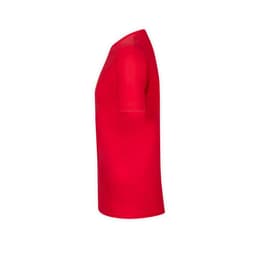 A red premium adult T-shirt displayed from the side, featuring a simple design and a logo.