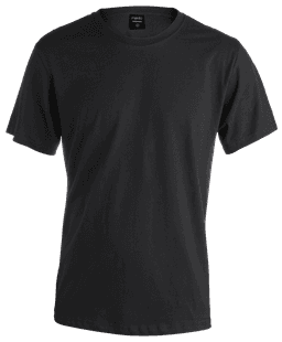 A black Premium Adult Colour T-Shirt featuring a simple design and a logo on the label.