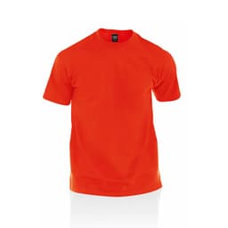 An orange premium adult T-shirt with short sleeves and a simple design. It features a logo on the label.