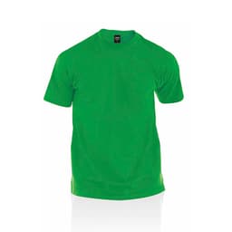 A green premium adult t-shirt with short sleeves and a logo.
