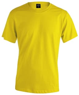 A yellow premium adult T-shirt with a standard crew neck and short sleeves. It features a branding label.