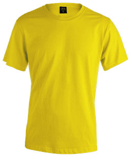A vibrant yellow premium adult T-shirt, featuring a round neck and short sleeves. It has a logo on the label.