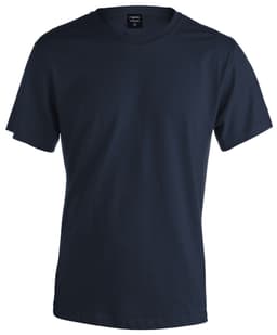 A navy blue premium adult colour T-shirt made of soft fabric with a simple design and logo.