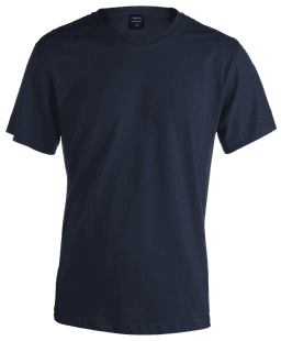 A navy blue premium adult t-shirt featuring a standard crew neck and short sleeves, with a brand logo on the inside.