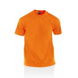 An orange adult t-shirt featuring a round neckline and short sleeves, with a logo on the tag.
