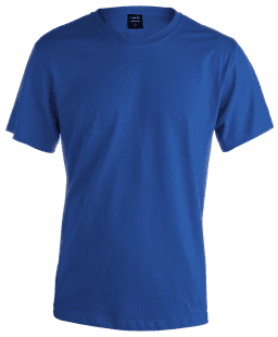 A blue premium adult colour T-shirt with a crew neckline and short sleeves, featuring a logo on the label.