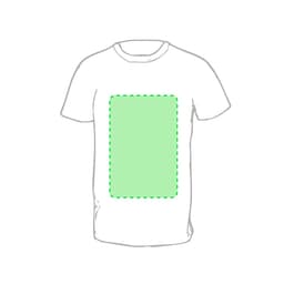 A white adult T-shirt with a green outlined rectangle in the centre. The shirt has a logo or branding.