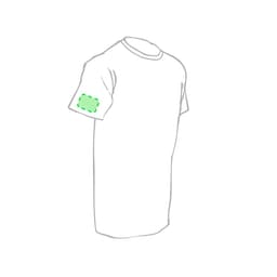 A plain white premium adult t-shirt featuring a logo on the sleeve.