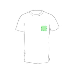 A plain white premium adult t-shirt featuring a pocket area outlined in green. The shirt has a logo on it.