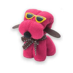 A pink plush dog wearing yellow sunglasses and a brown bow tie, featuring brown floppy ears. It has a cute, playful design.