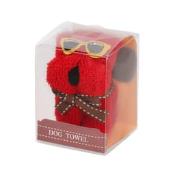 A red dog towel in a clear box, featuring sunglasses and a brown bow tie. It has a branding logo on the packaging.