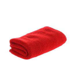 A red, folded towel with a textured surface, suitable for gym and outdoor activities. Features a logo.