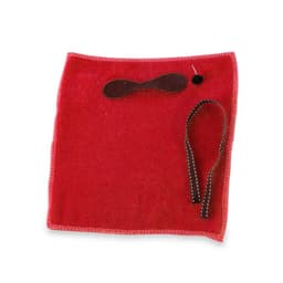 A red towel with a brown fastening and a loop for hanging. It features a stitched border and is made of terry material.