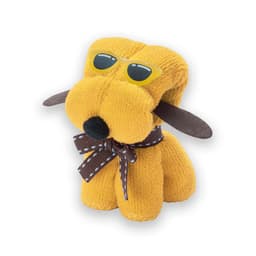 A plush toy dog in yellow with sunglasses, brown ears, and a checkered bow tie. It has a cute, soft design.