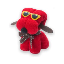 A red dog toy wearing yellow sunglasses and a brown bow tie, made from soft materials. It has floppy ears and a friendly expression.