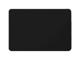A black magnet with a smooth surface and rounded edges, featuring a logo.