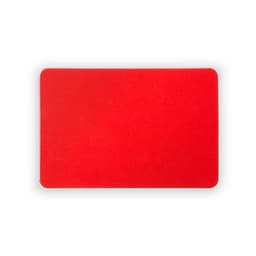 A red magnet with a smooth surface and rounded corners, featuring a logo or branding.