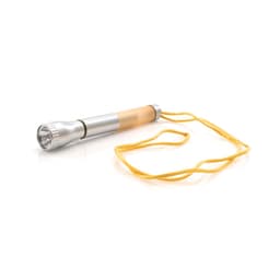 A silver pen torch with a yellow strap, designed for writing and illumination.