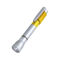 A silver and yellow pen torch with a textured grip and a clip for attachment. It features a small flashlight at one end.