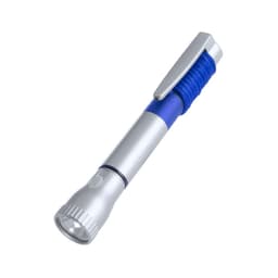 A silver pen torch with a blue grip and a pocket clip, featuring a flashlight at one end.