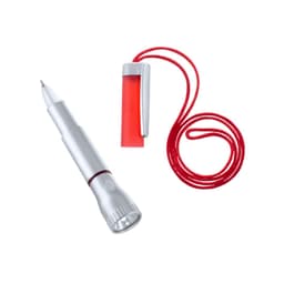 A silver pen torch with a red clip and a red cord, featuring a logo or branding.