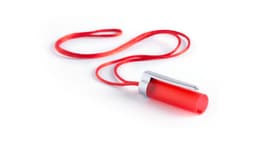 A red pen torch with a silver clip and a matching red cord, designed for convenient carrying.