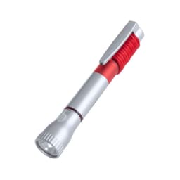 A silver pen torch with a red grip and a clip attachment, featuring a small flashlight at one end.