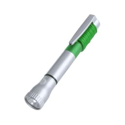 A silver and green pen torch featuring a textured grip and a clip for easy attachment.
