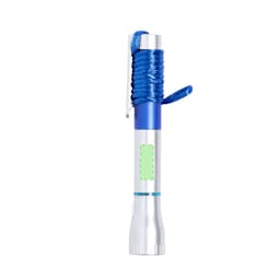 A blue and silver pen torch with a textured grip and a clip for easy attachment features.