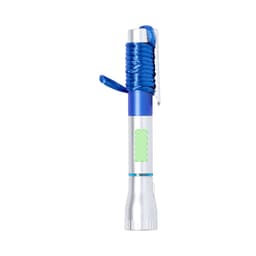 A silver and blue pen torch features a coiled blue cord and a pocket clip, with a small section for branding.