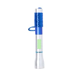 A silver and blue pen torch with a green section and a blue cord wrapped around its body.