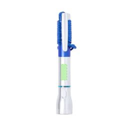 A blue and silver pen torch with a clip and a braided lanyard for easy carrying. It has a logo on its body.